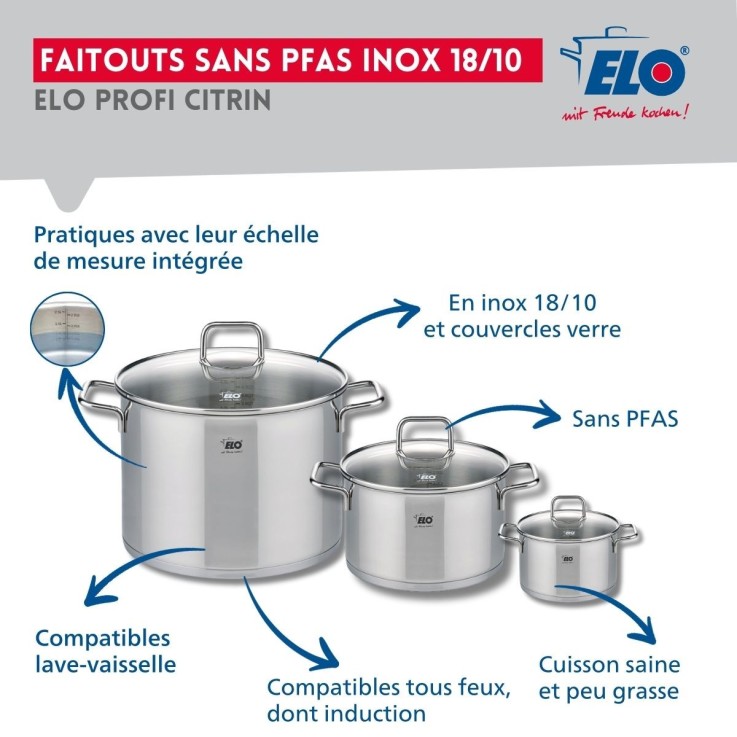 Batterie de cuisine Profi Citrin en inox - 2 poêles et 3 faitouts