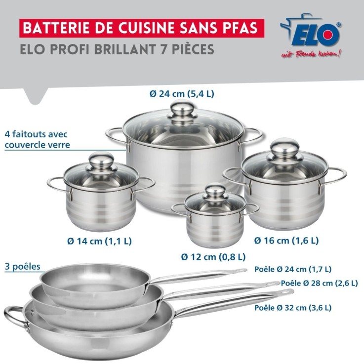 Batterie de cuisine Profi Brillant en inox - 7 pièces - 12 à 32 cm