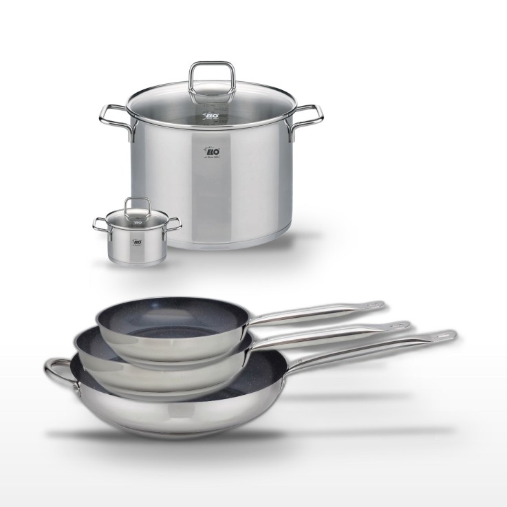 Lot de 3 poêles céramiques et 2 faitouts en inox