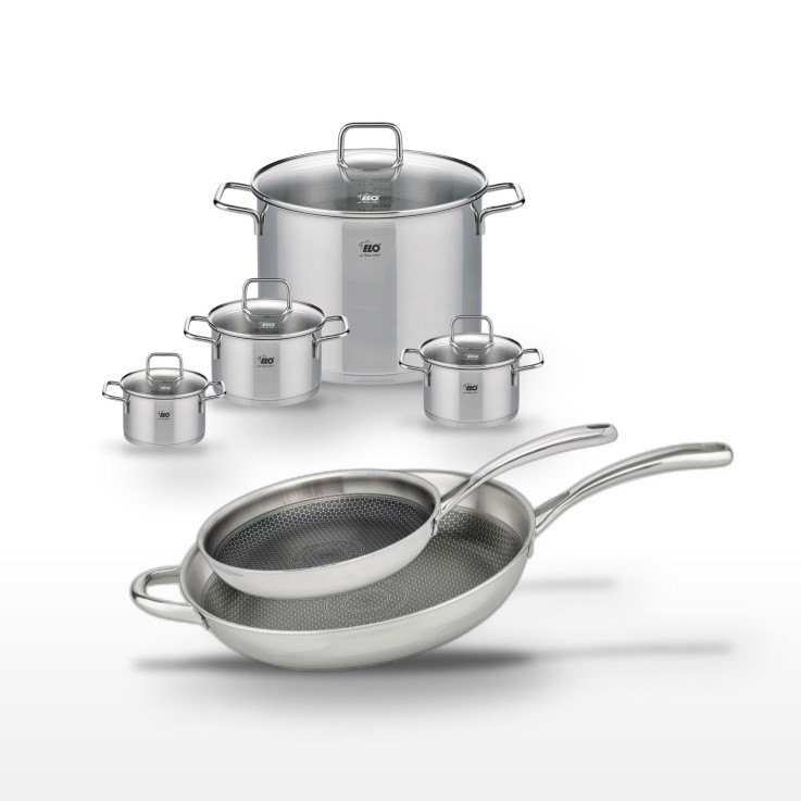 Lot de poêles et faitouts Relief Evolution en inox et verre