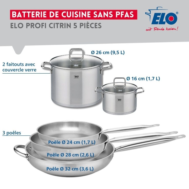 Batterie de cuisine Profi Citrin en inox - 3 poêles et 2 faitouts