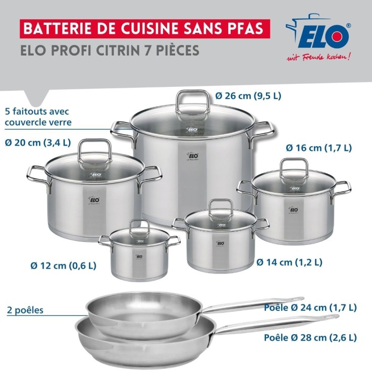 Batterie de cuisine Profi Citrin en inox - 2 poêles et 5 faitouts