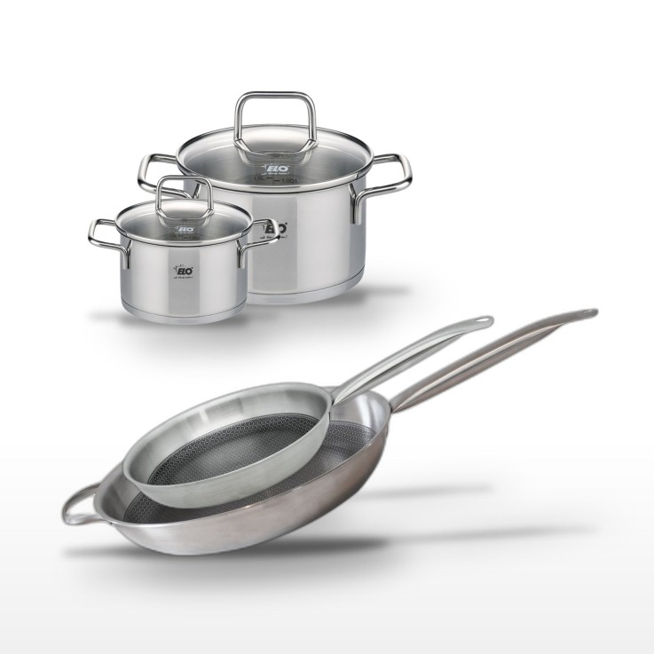Lot de poêles et faitouts Relief Solution en inox - 32, 28, 20 et 14 cm