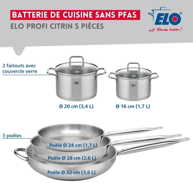 Batterie de cuisine Profi Citrin en inox - 3 poêles et 2 faitouts