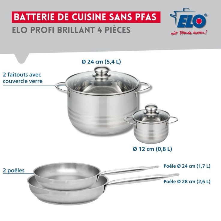 Batterie de cuisine Profi Brillant en inox - poêles 24/28 cm - faitouts 12/24 cm