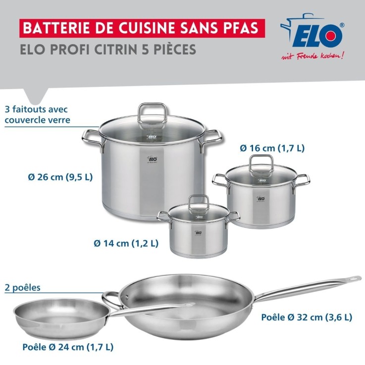Batterie de cuisine Profi Citrin en inox - 2 poêles et 3 faitouts