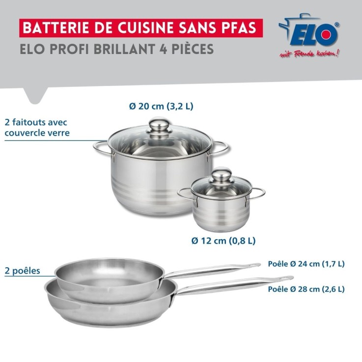 Batterie de cuisine Profi Brillant en inox - 4 pièces - dimensions 12/20/24/28 cm