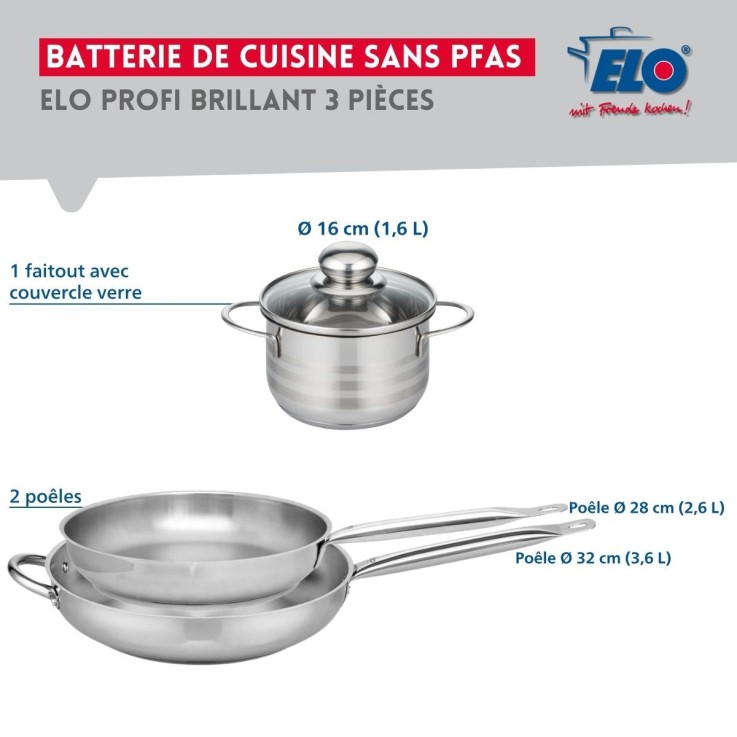Batterie de cuisine Profi Brillant en inox - 16, 28 et 32 cm
