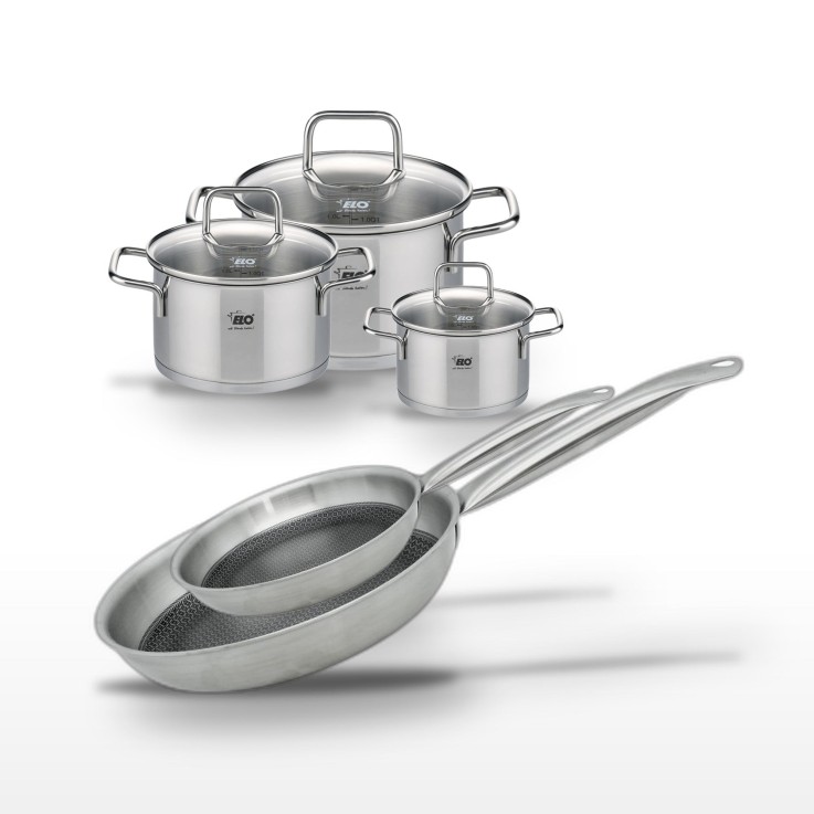 Batterie de cuisine Relief Solution en inox - 3 faitouts et 2 poêles