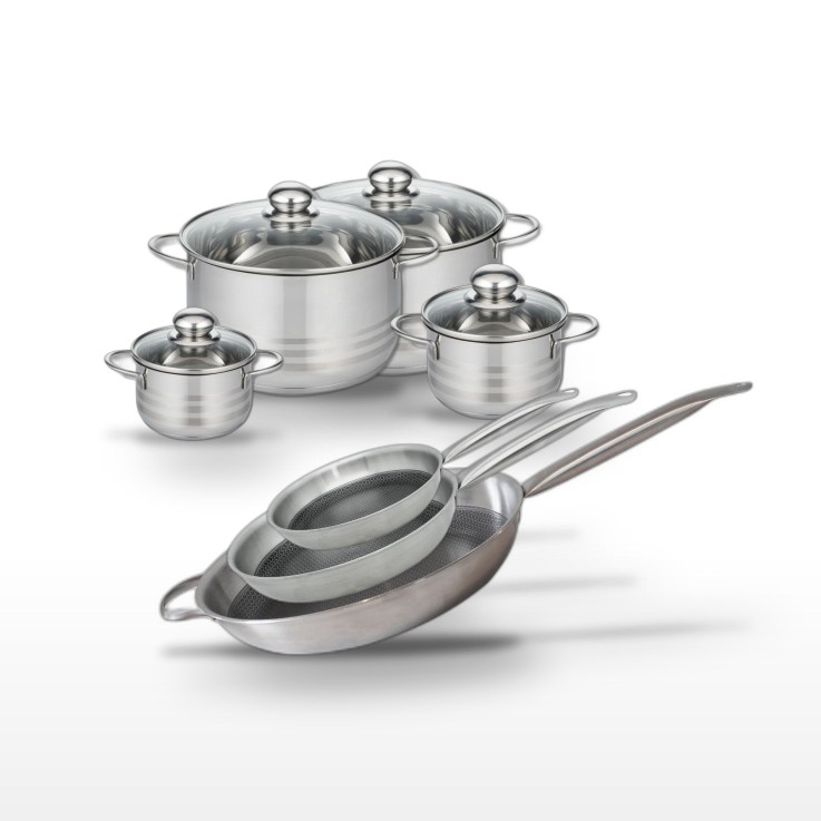 Batterie de cuisine Relief Solution en inox - 3 poêles et 4 faitouts
