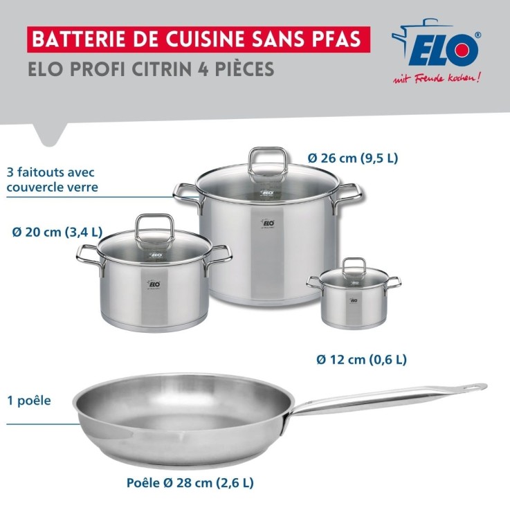 Batterie de cuisine Profi Citrin en inox - poêle et faitouts - 12, 20, 26 et 28 cm