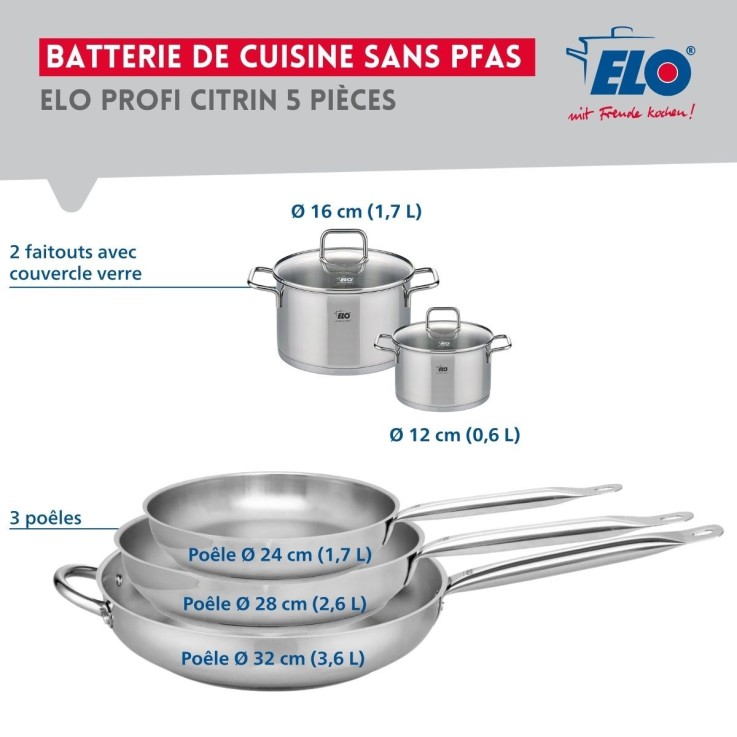 Batterie de cuisine Profi Citrin en inox - 3 poêles et 2 faitouts