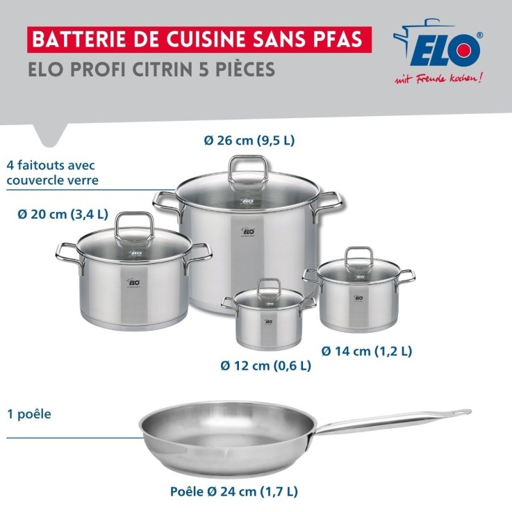 Batterie de cuisine Profi Citrin en inox - 1 poêle et 4 faitouts