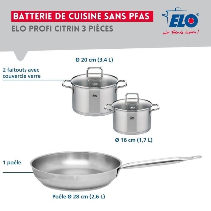 Batterie de cuisine Profi Citrin en inox - 16, 20 et 28 cm