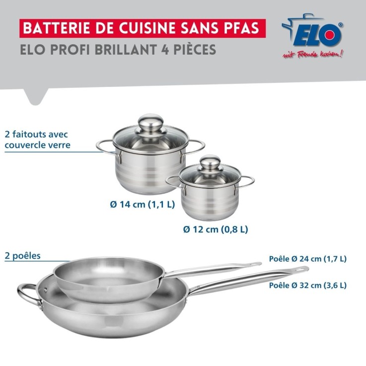 Batterie de cuisine Profi Brillant en inox - 2 poêles et 2 faitouts