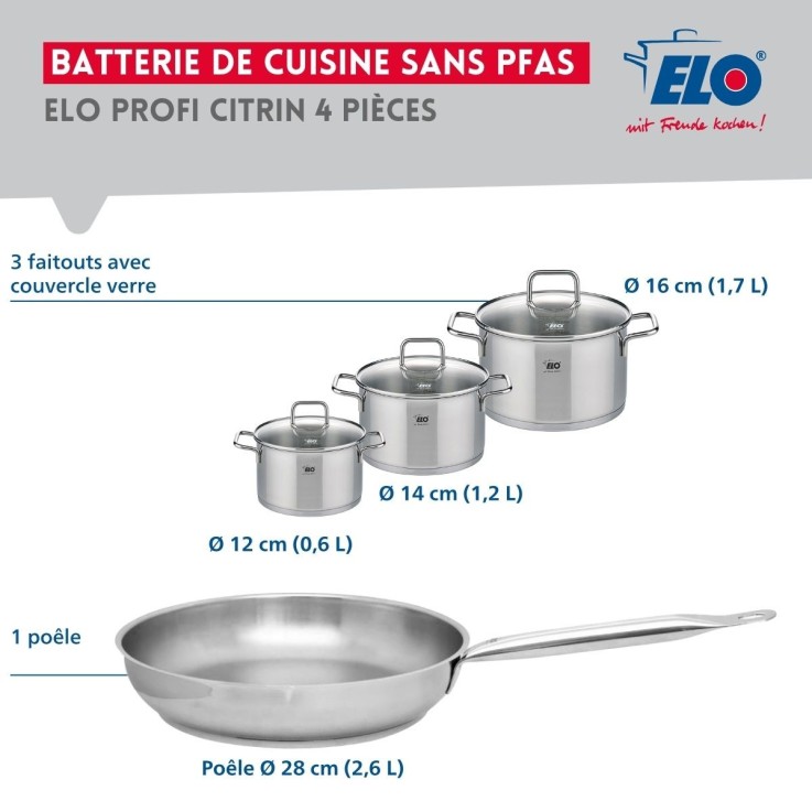 Batterie de cuisine Profi Citrin en inox - 28 cm, faitouts 12/14/16 cm