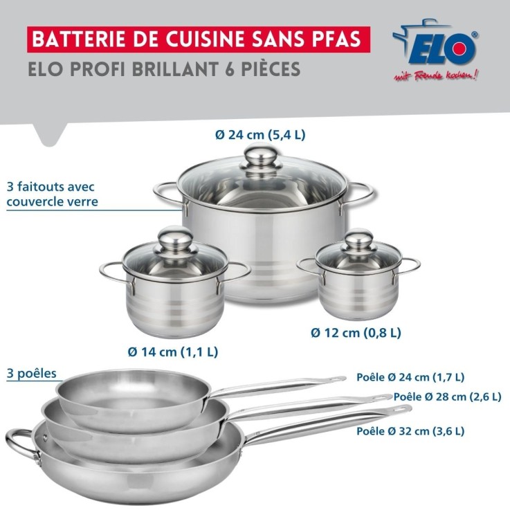 Batterie de cuisine Profi Brillant en inox - 3 poêles et 3 faitouts