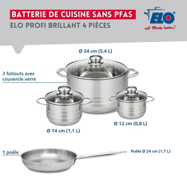 Batterie de cuisine Profi Brillant en inox - 12, 14 et 24 cm