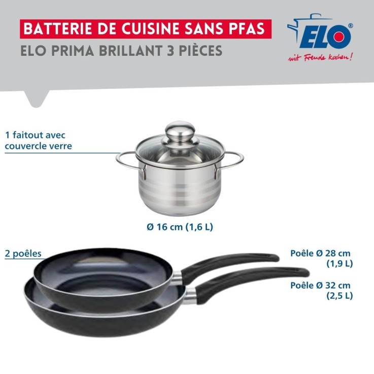 Batterie de cuisine Prima Brillant en aluminium et inox - 28/32/16 cm - noir