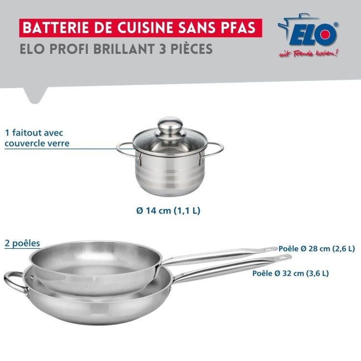 Batterie de cuisine Profi Brillant en inox - 2 poêles et 1 faitout