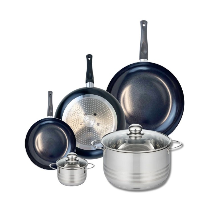Batterie de cuisine Prima Brillant en aluminium et inox - 3 poêles, 2 faitouts - noire