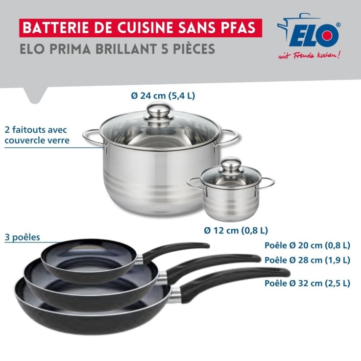 Batterie de cuisine Prima Brillant en aluminium et inox - 3 poêles, 2 faitouts - noire