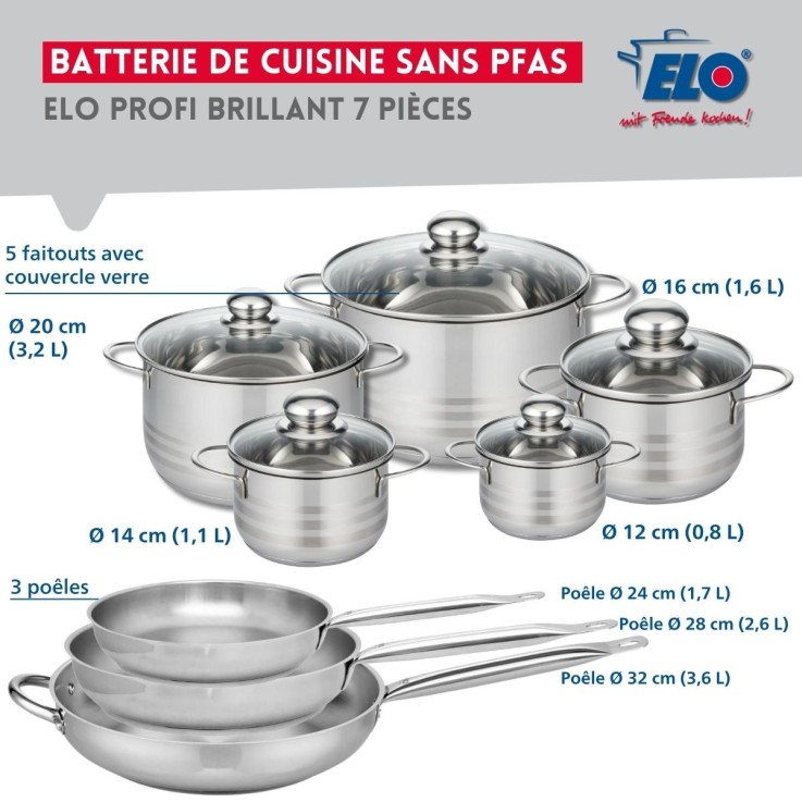 Batterie de cuisine Profi Brillant en inox - 3 poêles et 5 faitouts