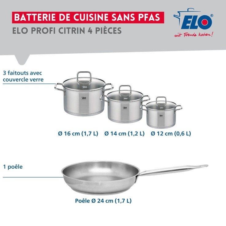 Batterie de cuisine Profi Citrin en inox - 4 pièces - poêle 24 cm