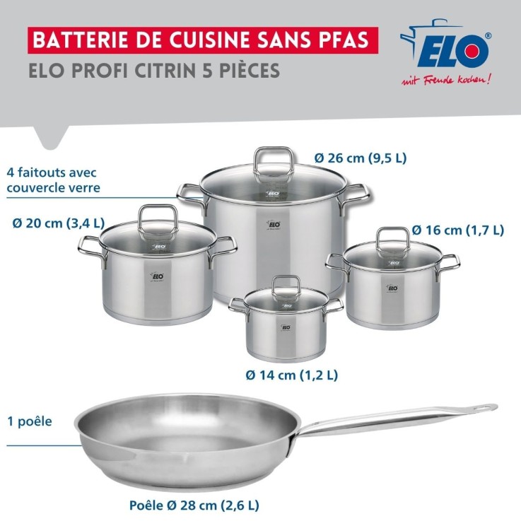 Batterie de cuisine Profi Citrin en inox - poêle 28 cm - faitouts 14, 16, 20 et 26 cm