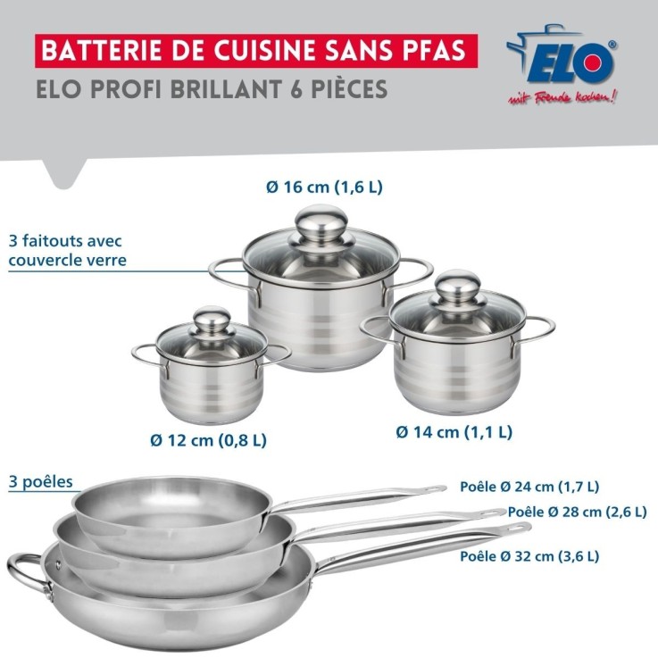 Batterie de cuisine Profi Brillant en inox - 3 poêles et 3 faitouts