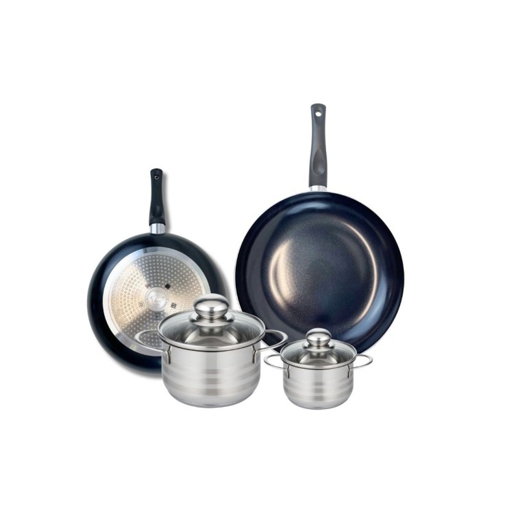Ensemble de poêles et faitouts Prima Brillant en aluminium et inox - 12, 16, 24 et 28 cm - noir