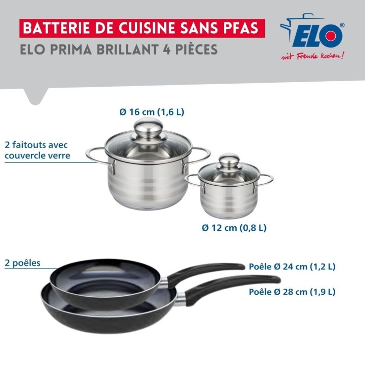 Ensemble de poêles et faitouts Prima Brillant en aluminium et inox - 12, 16, 24 et 28 cm - noir