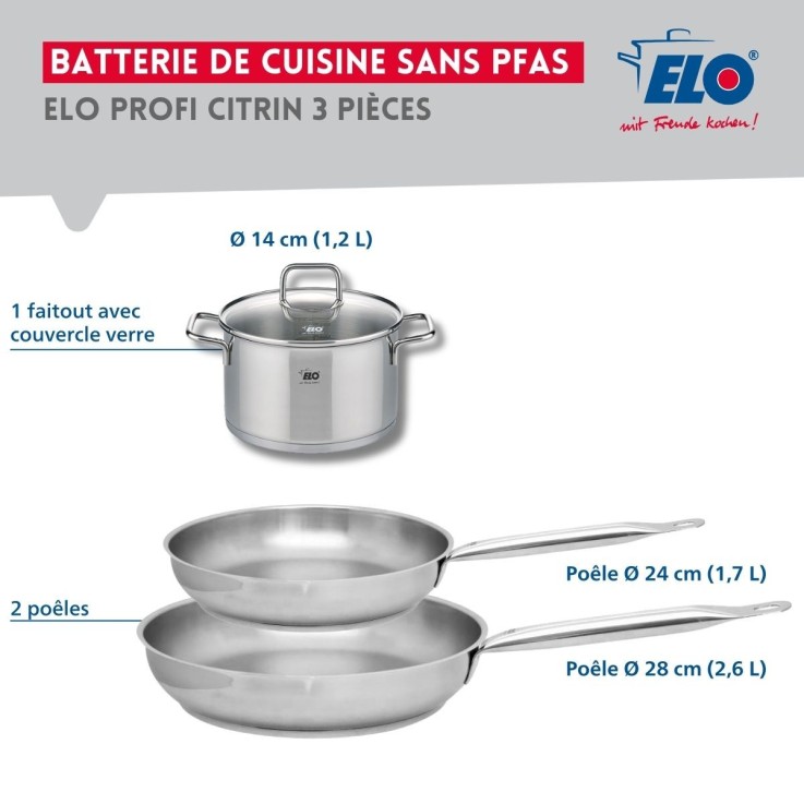 Batterie de cuisine Profi Citrin en inox - 24, 28 et 14 cm