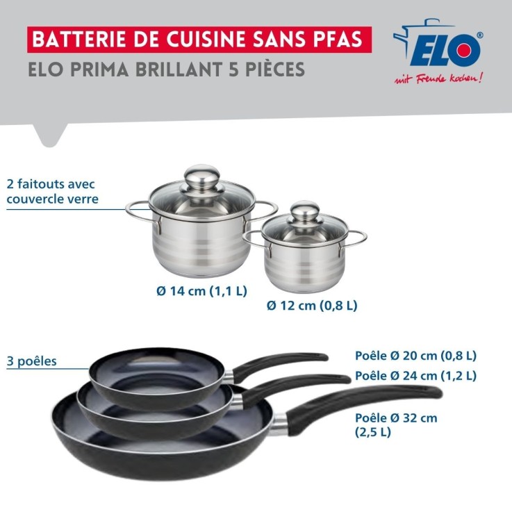 Batterie de cuisine Prima Brillant en aluminium et inox - 5 pièces - noir