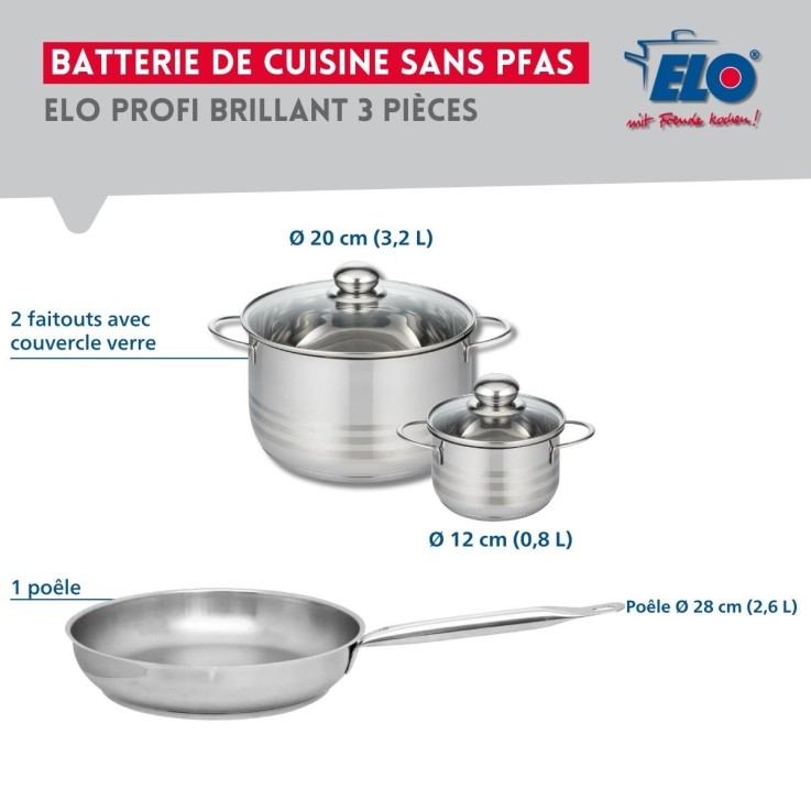 Batterie de cuisine Profi Brillant en inox - poêle 28 cm - faitouts 12 et 20 cm