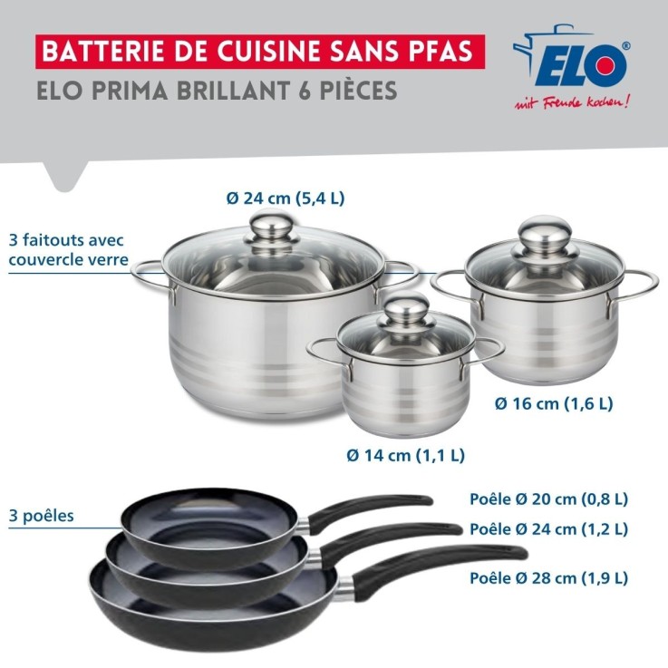 Batterie de cuisine Prima Brillant en aluminium et inox - 6 pièces assorties