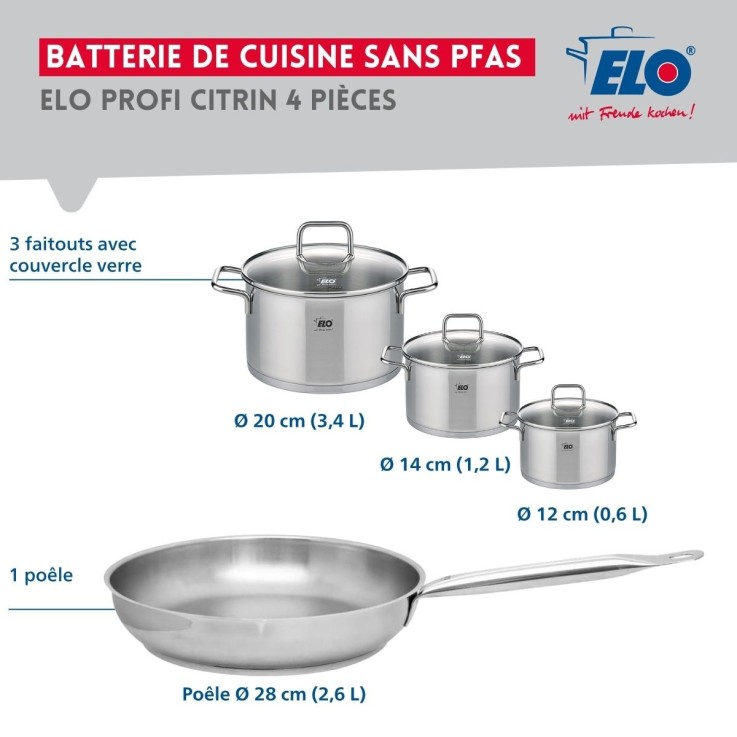 Batterie de cuisine Profi Citrin en inox - 12, 14, 20 et 28 cm