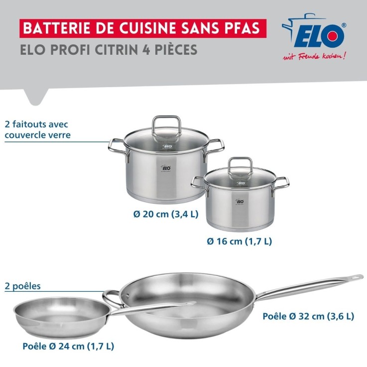 Batterie de cuisine Profi Citrin en inox - 16, 20, 24 et 32 cm