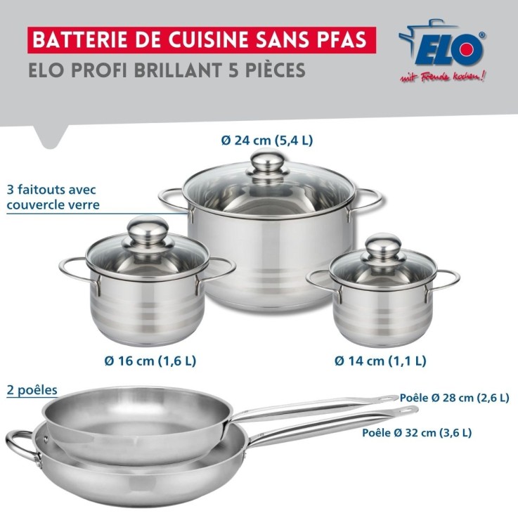 Batterie de cuisine Profi Brillant en inox - 5 pièces - poêles et faitouts