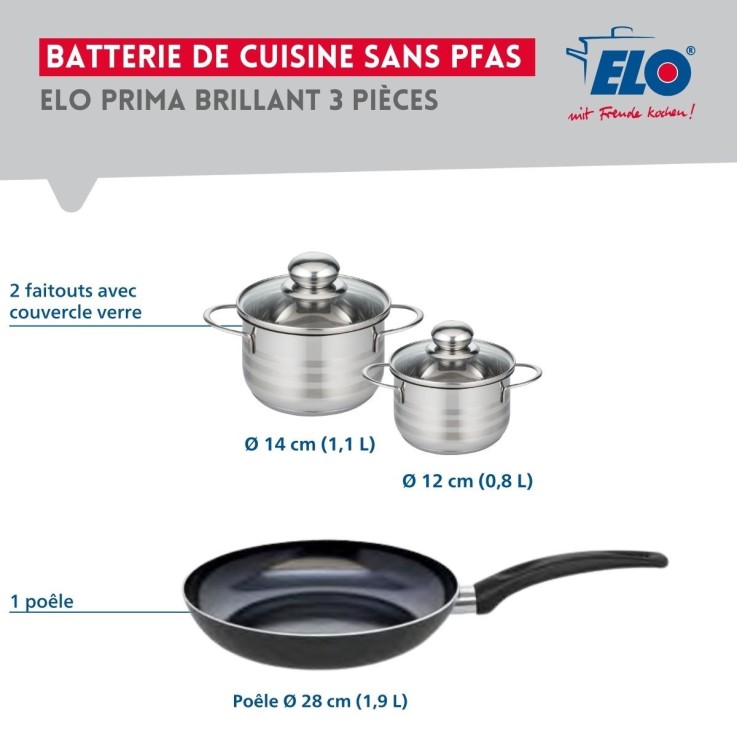 Batterie de cuisine Prima Brillant en aluminium et inox - 28, 12 et 14 cm