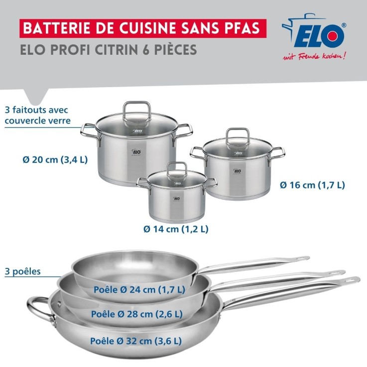 Batterie de cuisine Profi Citrin en inox - 3 poêles et 3 faitouts