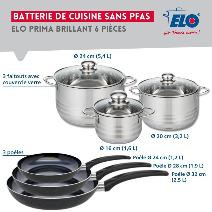 Batterie de cuisine Prima Brillant en aluminium et inox - 6 pièces - noir