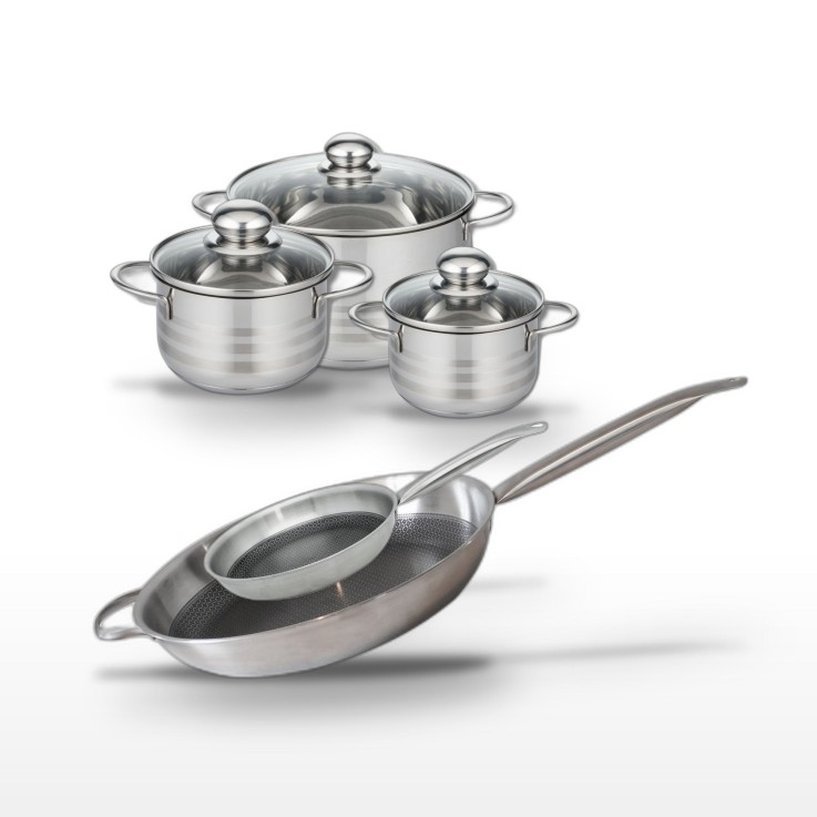 Batterie de cuisine Relief Solution en inox - 2 poêles et 3 faitouts