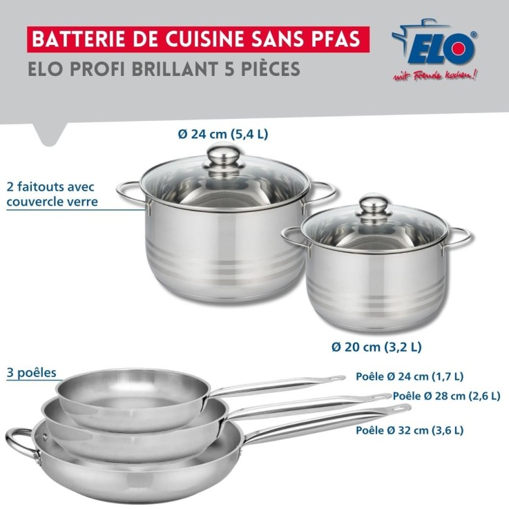Batterie de cuisine Profi Brillant en inox - 3 poêles et 2 faitouts