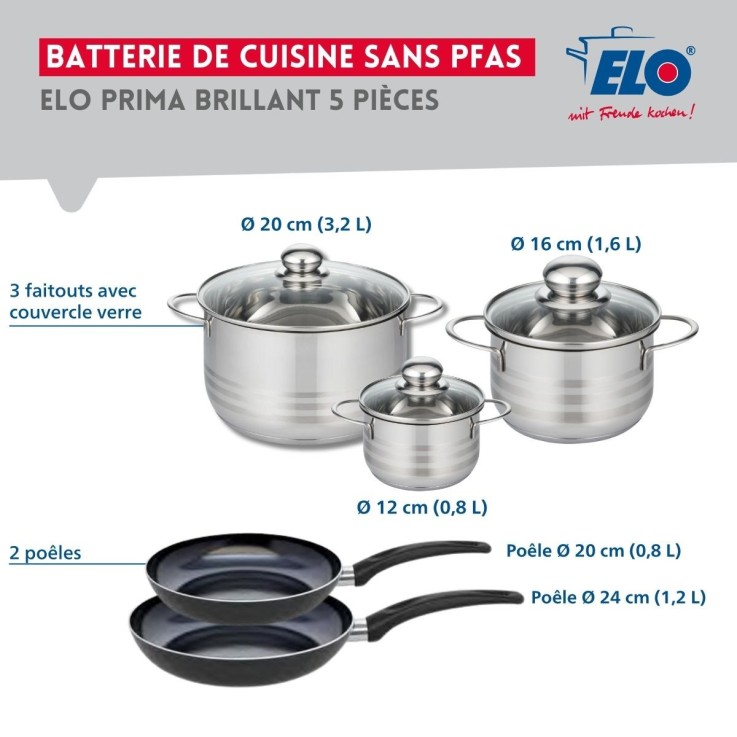 Batterie de cuisine Prima Brillant - 2 poêles de cuisson et 3 faitouts