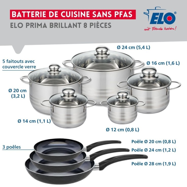 Batterie de cuisine Prima Brillant en aluminium et inox - 8 pièces - noire