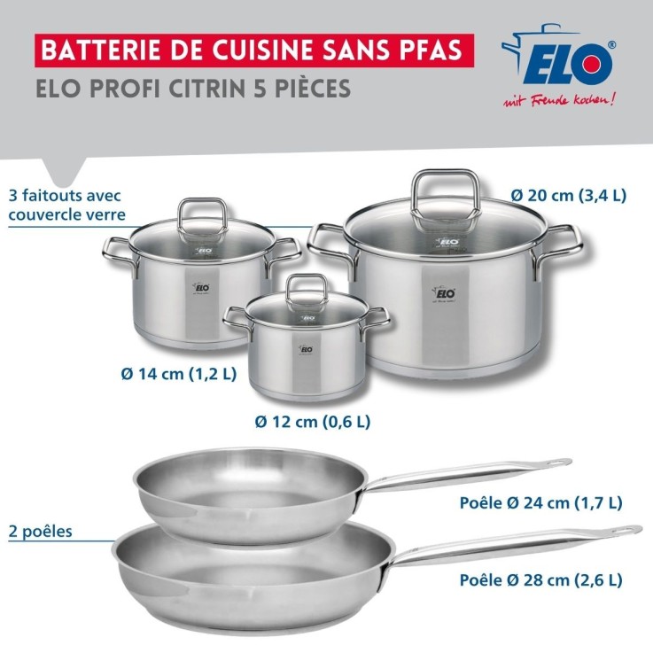 Batterie Profi Citrin en inox - poêles 24/28 cm et faitouts 12/14/20 cm