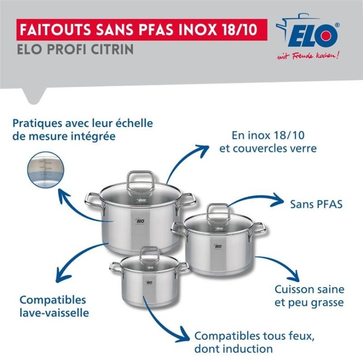 Batterie Profi Citrin en inox - poêles 24/28 cm et faitouts 12/14/20 cm