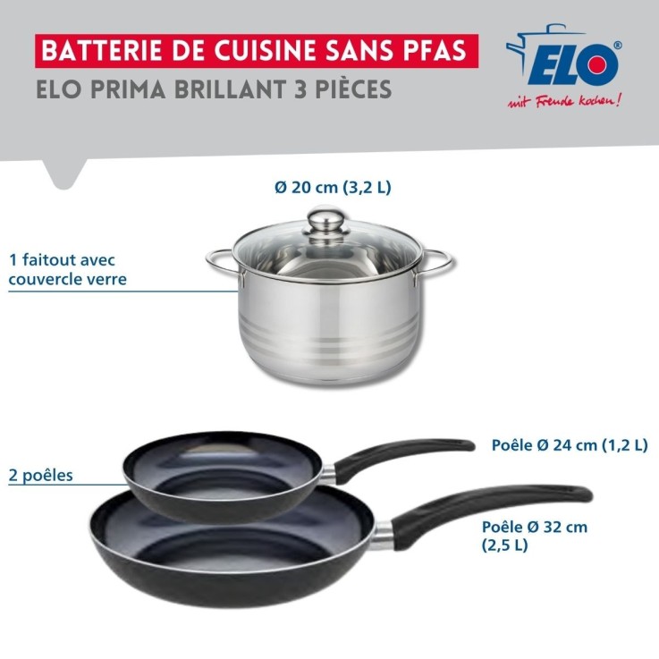 Batterie de cuisine Prima Brillant en aluminium et inox - 20/24/32 cm - noire