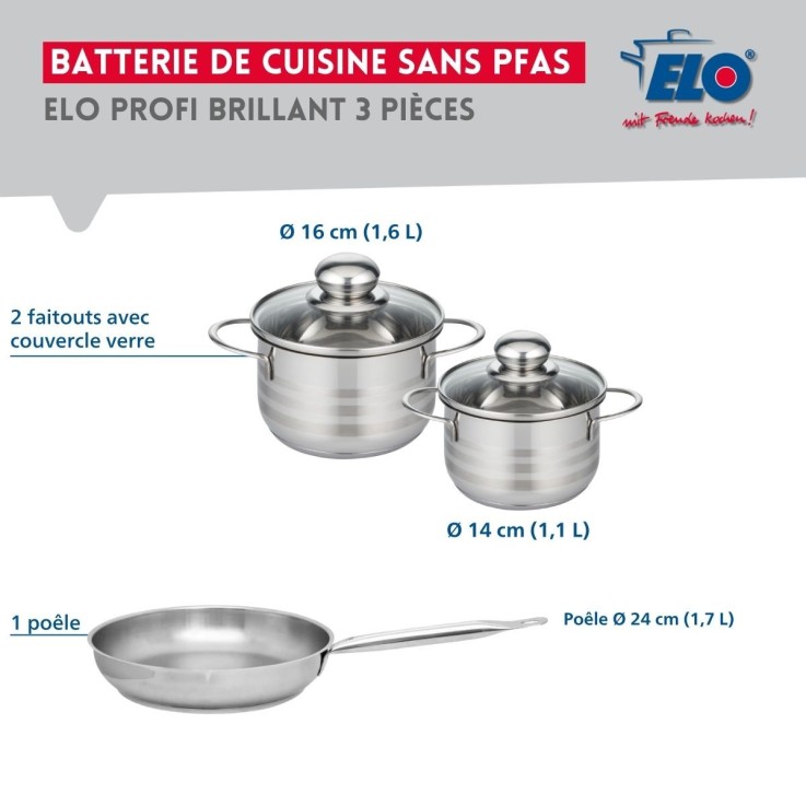 Batterie de cuisine Profi Brillant en inox - poêle 24 cm - faitouts 14 et 16 cm